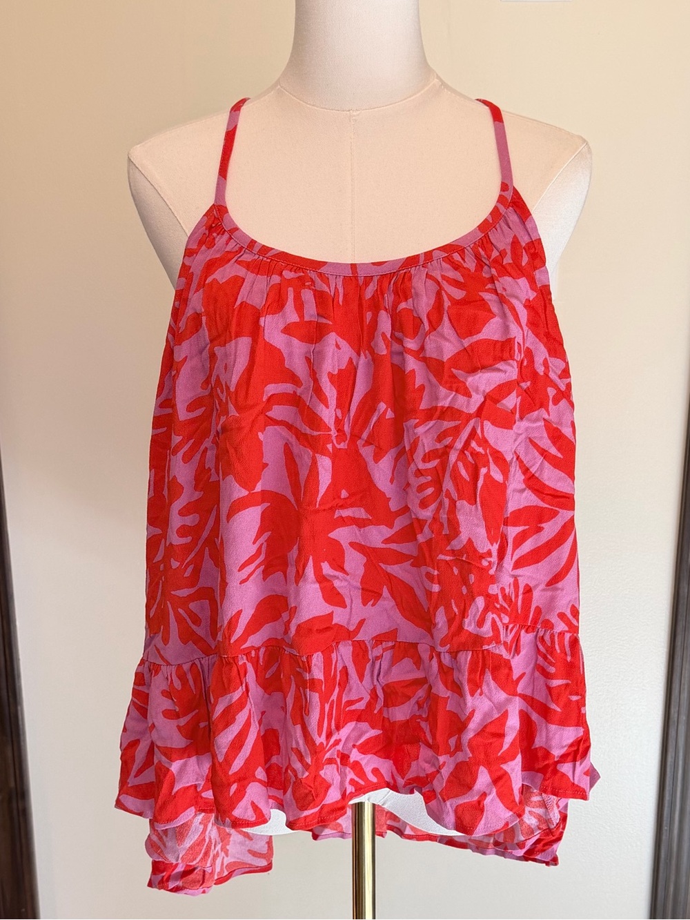 Loft Women's Red & Pink Floral Printed Spaghetti Strap Tank Top